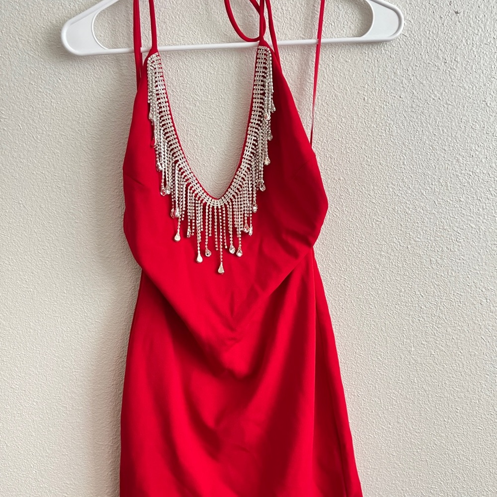 Blanc Women’s Red Halter Mini Dress with Beaded Neckline